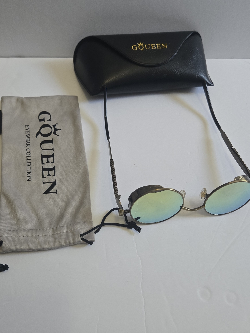 GQUEEN Steampunk Round Sunglasses Mirrored Lenses Side Shields Case OWL 001